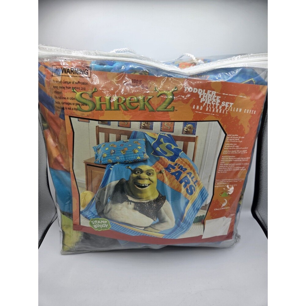 Rare Vintage Shrek 2 Toddler Swamp Buddies Bedding Pillow Fleece Blanket READ